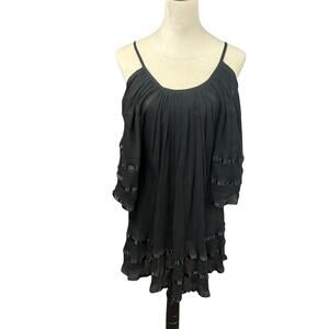 Dark Boho Festival Sheer Cotton Tunic Top Black Flutter Sleeve Small